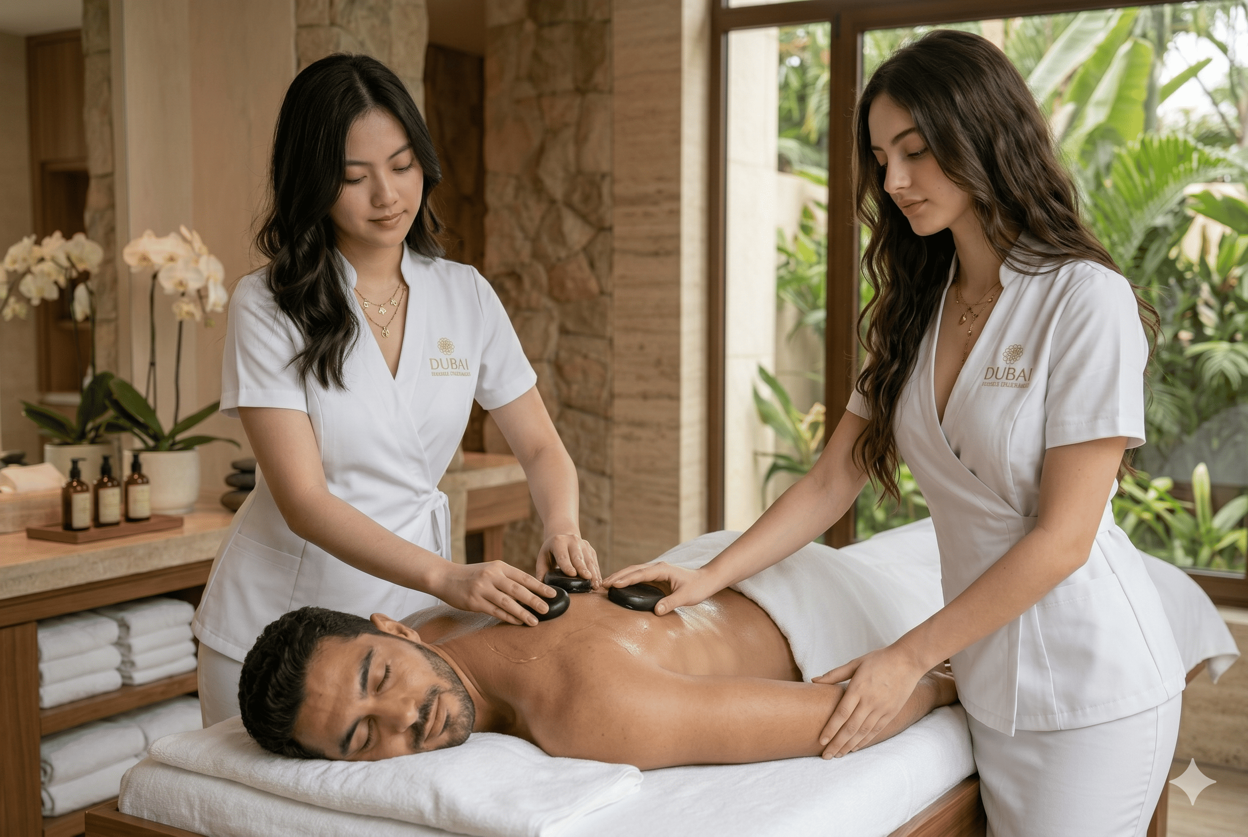 Luxury spa couples room with side-by-side tables